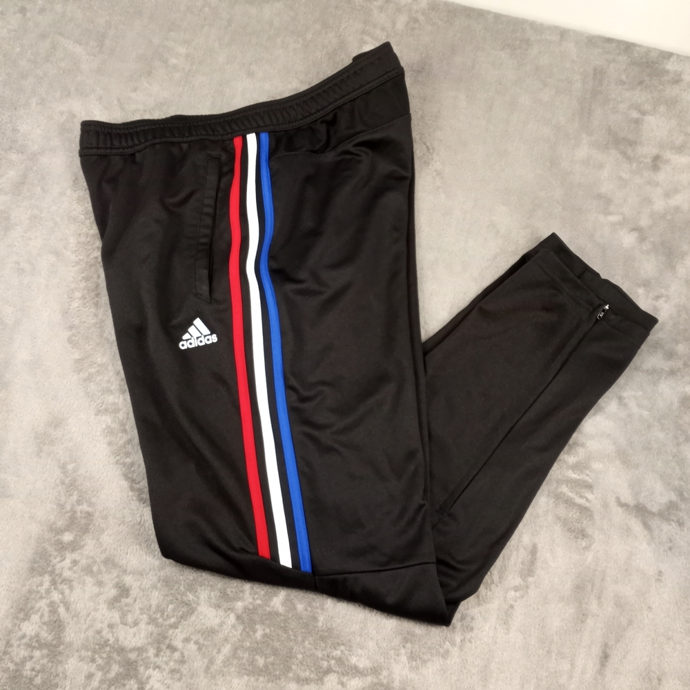 Adidas Mens Black Track Pants with Red and Blue Stripes Size XLarge